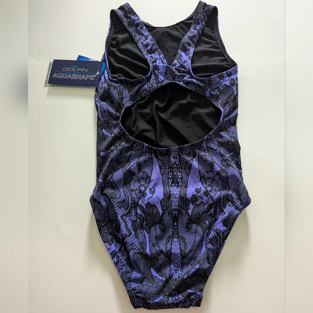 DOLFIN Women's Purple Lacey Round Neck One Piece Swimsuit, Size 8 - Picture 3 of 5